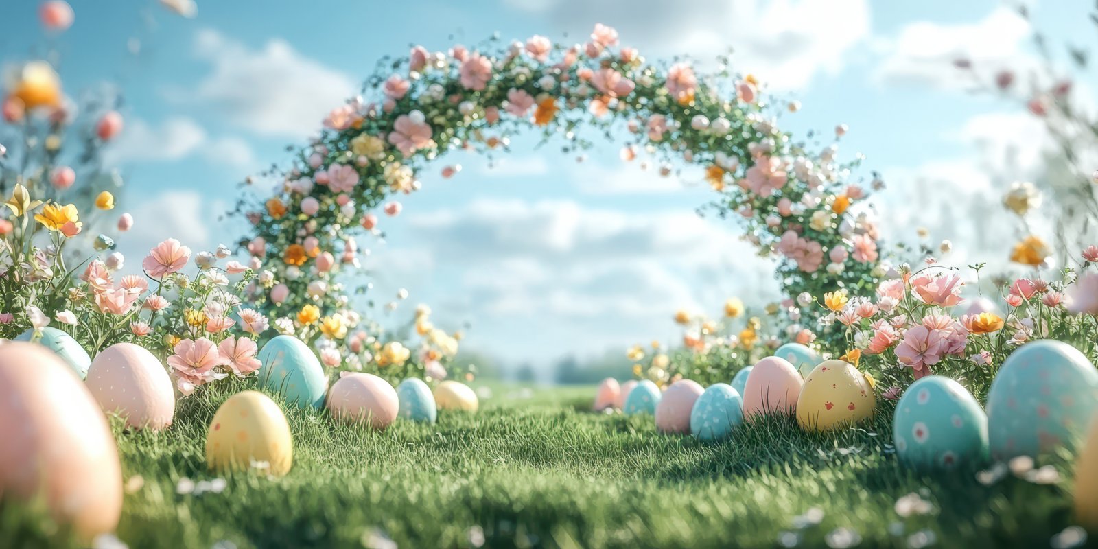 Colorful Easter eggs and floral archway in a sunny spring meadow during a joyful celebration